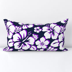 White and Purple Hawaiian Flowers on Navy Blue Lumbar Throw Pillow - Extremely Stoked