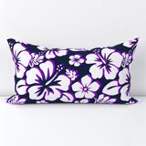 White and Purple Hawaiian Flowers on Navy Blue Lumbar Throw Pillow - Extremely Stoked