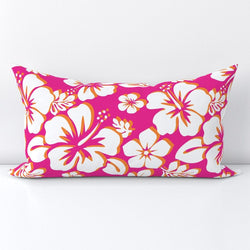 White and Orange Hawaiian Flowers on Hot Pink Lumbar Throw Pillow - Extremely Stoked