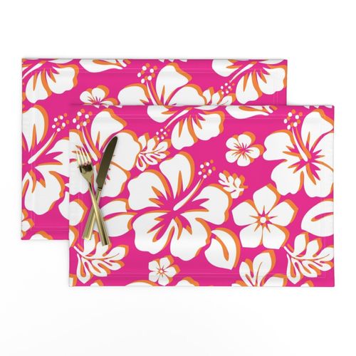 Hot Pink with Orange and White Hawaiian Flowers Placemats - Extremely Stoked
