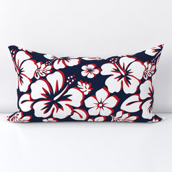 White and Red Hawaiian Flowers on Navy Blue Lumbar Throw Pillow - Extremely Stoked