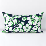 White and Lime Green Hawaiian Flowers on Navy Blue Lumbar Throw Pillow - Extremely Stoked