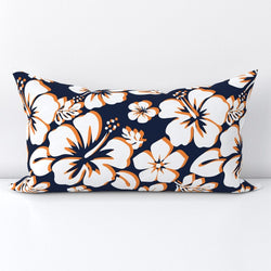 White and Orange Hawaiian Flowers on Navy Blue Lumbar Throw Pillow - Extremely Stoked