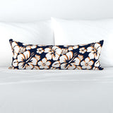 Navy Blue, Orange and White Hawaiian Flowers Extra Long Lumbar Throw Pillow - Extremely Stoked