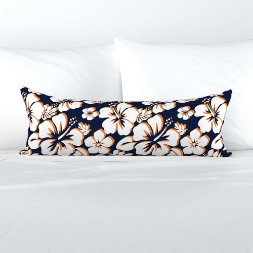 Navy Blue Orange and White Hawaiian Flowers Extra Long Lumbar Throw Pillow