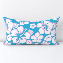 White Hawaiian Flowers on Aqua Blue, Pink and White Lumbar Throw Pillow - Extremely Stoked