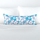 Aqua Blue, Pink and White Hawaiian Flowers Extra Long Lumbar Throw Pillow