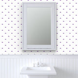 purple surf bus wallpaper shown in bathroom