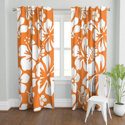 orange and white Hawaiian hibiscus flowers  window curtains