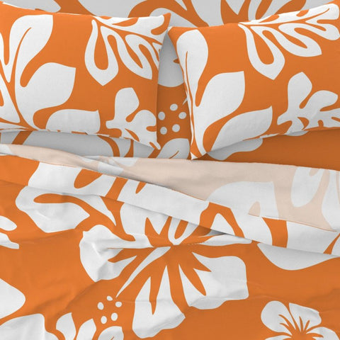 White Hawaiian Flowers on Juicy Orange Sheet Set from Surfer Bedding™️ Large Scale - Extremely Stoked