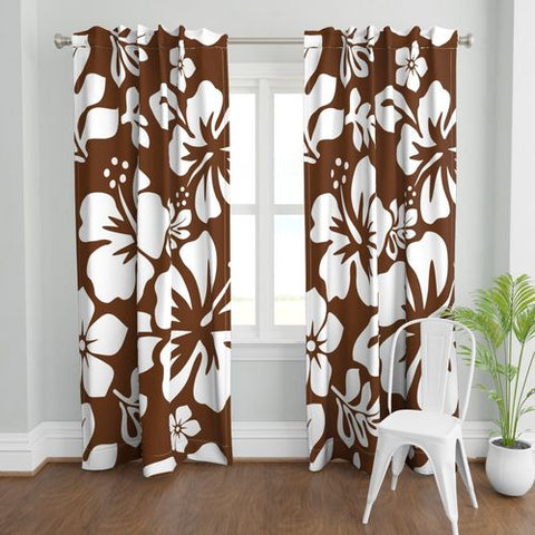 White Hawaiian Flowers on Chocolate Brown Window Curtains
