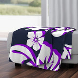 navy blue, purple and white hibiscus and Hawaiian flowers minky throw blanket