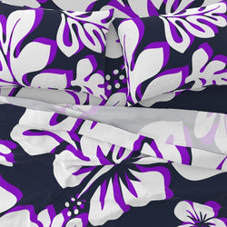 Navy Blue, White and Purple Hawaiian Flowers Sheet Set from Surfer Bedding™️ Large Scale - Extremely Stoked