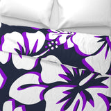Navy Blue, White and Purple Hibiscus and Hawaiian Flowers Duvet Cover