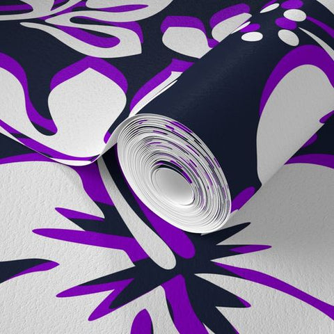 Navy Blue, Purple and White Hawaiian and Hibiscus Flowers Wallpaper