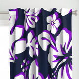 Navy Blue, Purple and White Hawaiian Flowers Window Curtains - Extremely Stoked® Eco Beach Luxe Collection - Large Scale