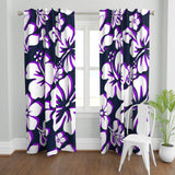 Navy Blue, Purple and White Hawaiian Flowers Window Curtains - Extremely Stoked® Eco Beach Luxe Collection - Large Scale