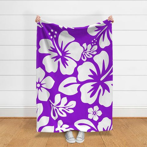 white hawaiian hibiscus flowers on purple minky throw blanket