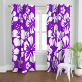 White Hawaiian Flowers on Purple Window Curtains - Extremely Stoked® Eco Beach Luxe Collection - Large Scale