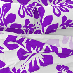 Purple Hawaiian Flowers on White Sheet Set from Surfer Bedding™️ Large Scale - Extremely Stoked