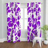 Purple Hawaiian Flowers on White Window Curtains - Extremely Stoked® Eco Beach Luxe Collection - Large Scale
