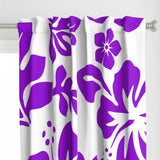 Purple Hawaiian Flowers on White Window Curtains - Extremely Stoked® Eco Beach Luxe Collection - Large Scale