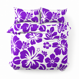 Purple Hawaiian Flowers on White Duvet Cover – Large Scale – Extremely Stoked® Eco Luxe Beach Bedding