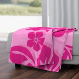 Soft Pink with Surfer Girl Hot Pink Hibiscus and Hawaiian Flowers Minky Throw Blanket