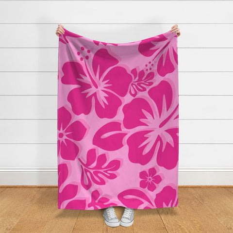 Soft Pink with Surfer Girl Hot Pink Hibiscus and Hawaiian Flowers Minky Throw Blanket
