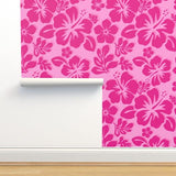 Soft Pink with Surfer Girl Hot Pink Hawaiian Flowers Wallpaper