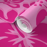Soft Pink with Surfer Girl Hot Pink Hawaiian Flowers Wallpaper