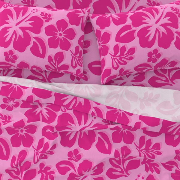 Soft Pink with Surfer Girl Hot Pink Hawaiian Flowers Sheet Set from Surfer Bedding™️ Medium Scale Version