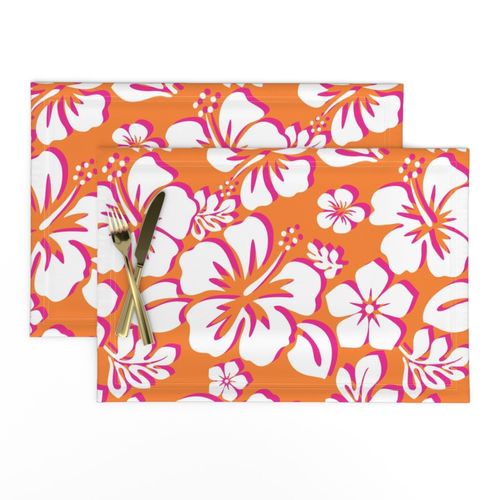 White and Hot Pink Hawaiian Flowers on Orange Placemats - Extremely Stoked