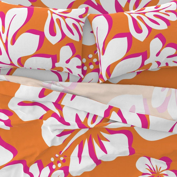 Juicy Orange, White and Surfer Girl Pink Hawaiian and Hibiscus Flowers Sheet Set