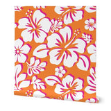 Juicy Orange, White and Surfer Girl Pink Hawaiian Flowers Wallpaper