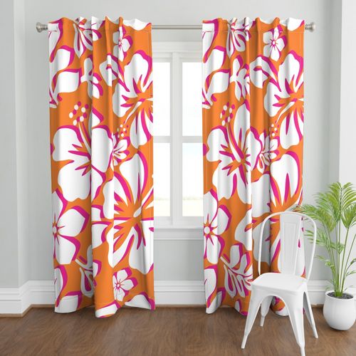 Juicy Orange, Surfer Girl Pink and White Hawaiian Flowers Window Curtains