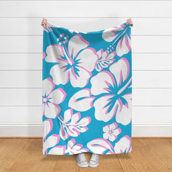 White and Soft Pink Hawaiian Flowers on Aqua Ocean Blue Minky Throw Blanket
