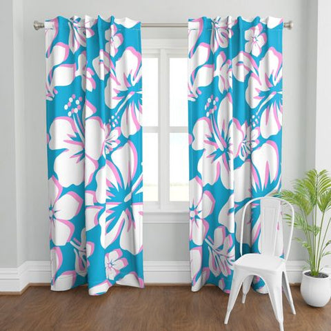 White and Soft Pink Hawaiian Flowers on Aqua Ocean Blue Window Curtains
