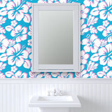 White with Soft Pink Hawaiian Flowers on Aqua Blue Wallpaper
