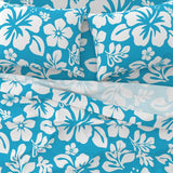 White Hawaiian Flowers on Aqua Ocean Blue Sheet Set from Surfer Bedding™️ Medium Scale - Extremely Stoked