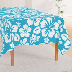 Aqua Blue and White Hawaiian Flowers Square and Rectangular Tablecloth - Extremely Stoked