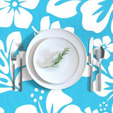 Aqua Blue and White Hawaiian Flowers Square and Rectangular Tablecloth - Extremely Stoked