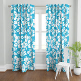 Aqua Blue Hawaiian Flowers on White Window Curtains - Extremely Stoked® Eco Beach Luxe Collection - Medium Scale