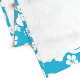 Aqua Blue Hawaiian Flowers on White Window Curtains - Extremely Stoked® Eco Beach Luxe Collection - Medium Scale