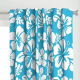 Aqua Blue Hawaiian Flowers on White Window Curtains - Extremely Stoked® Eco Beach Luxe Collection - Medium Scale