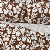 White Hawaiian Flowers on Chocolate Brown Sheet Set from Surfer Bedding™️ Medium Scale - Extremely Stoked