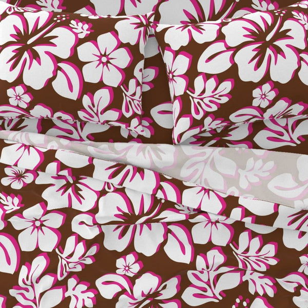 Chocolate Brown, Surfer Girl Pink and White Hawaiian Flowers Sheet Set from Surfer Bedding™️ Medium Scale - Extremely Stoked