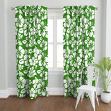 White Hawaiian Flowers on Fresh Green Window Curtains - Extremely Stoked® Eco Beach Luxe Collection - Medium Scale