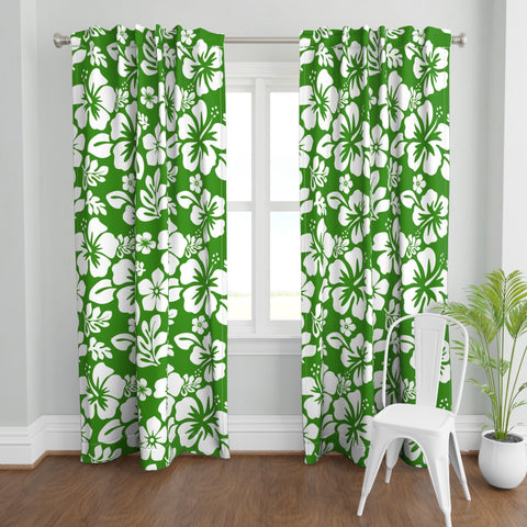 White Hawaiian Flowers on Fresh Green Window Curtains - Extremely Stoked® Eco Beach Luxe Collection - Medium Scale