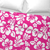 White Hibiscus and Hawaiian Flowers on Surfer Girl Pink Duvet Cover -Medium Scale - Extremely Stoked